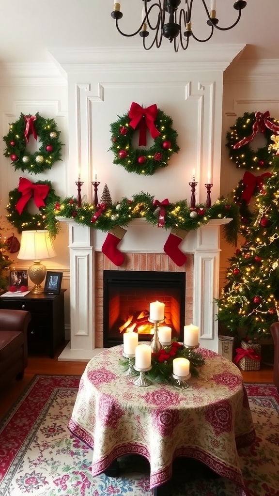 Festive Christmas Background Decoration Ideas A festive living room decorated for Christmas with lights, garlands, and a holiday table setting.